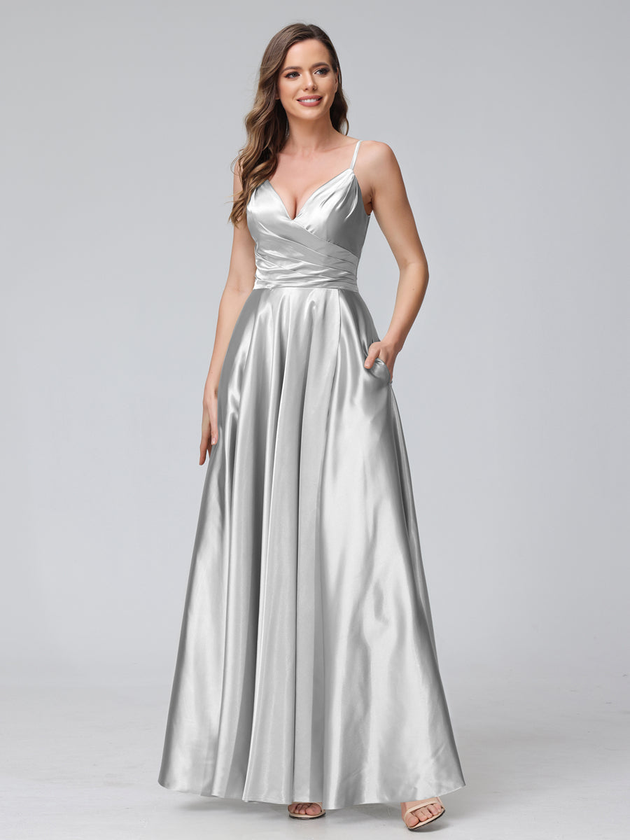 A-Line Sleeveless Long Silk Satin Bridesmaid Dresses with Pockets & Split Side Silver