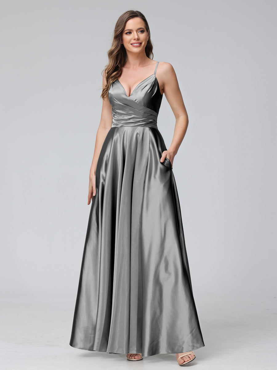 A-Line Sleeveless Long Silk Satin Bridesmaid Dresses with Pockets & Split Side Silver Gray