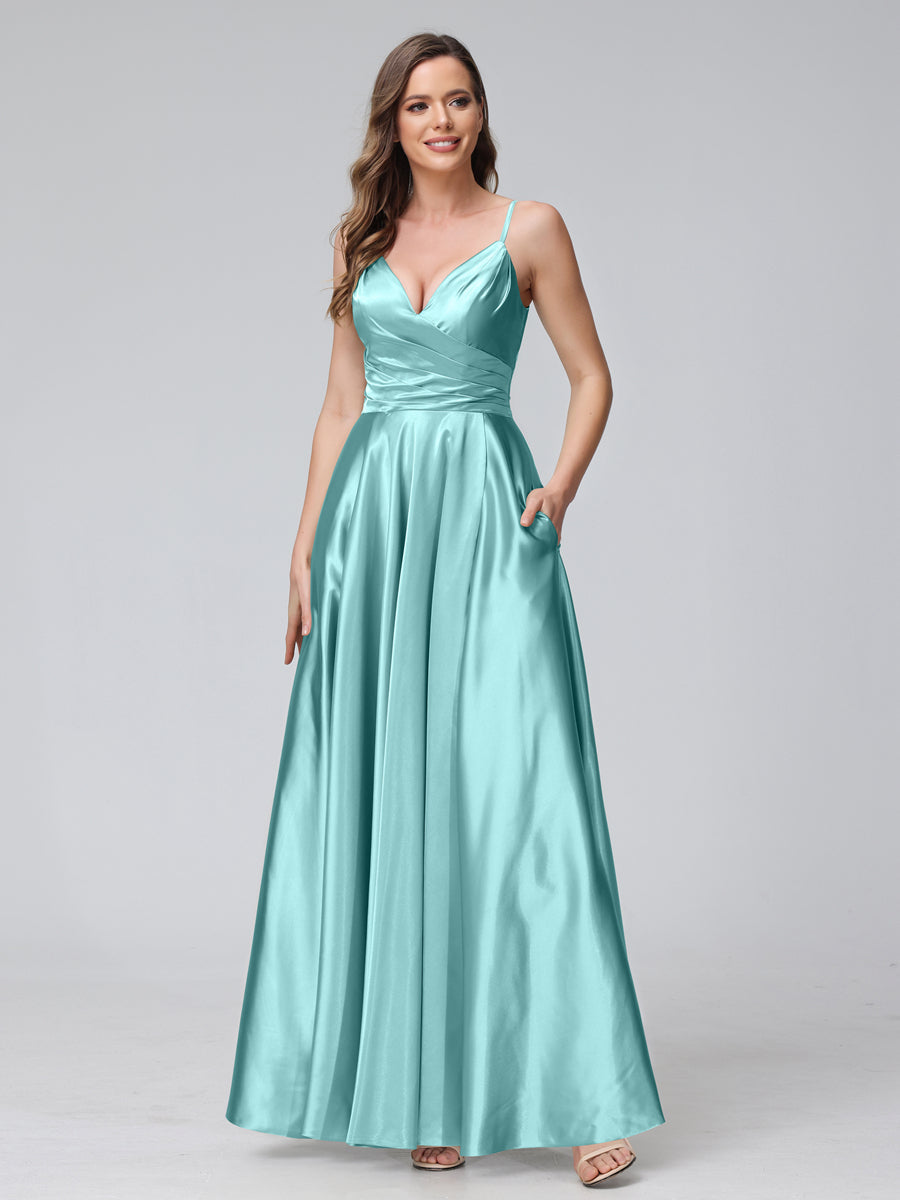 A-Line Sleeveless Long Silk Satin Bridesmaid Dresses with Pockets & Split Side Sky Blue