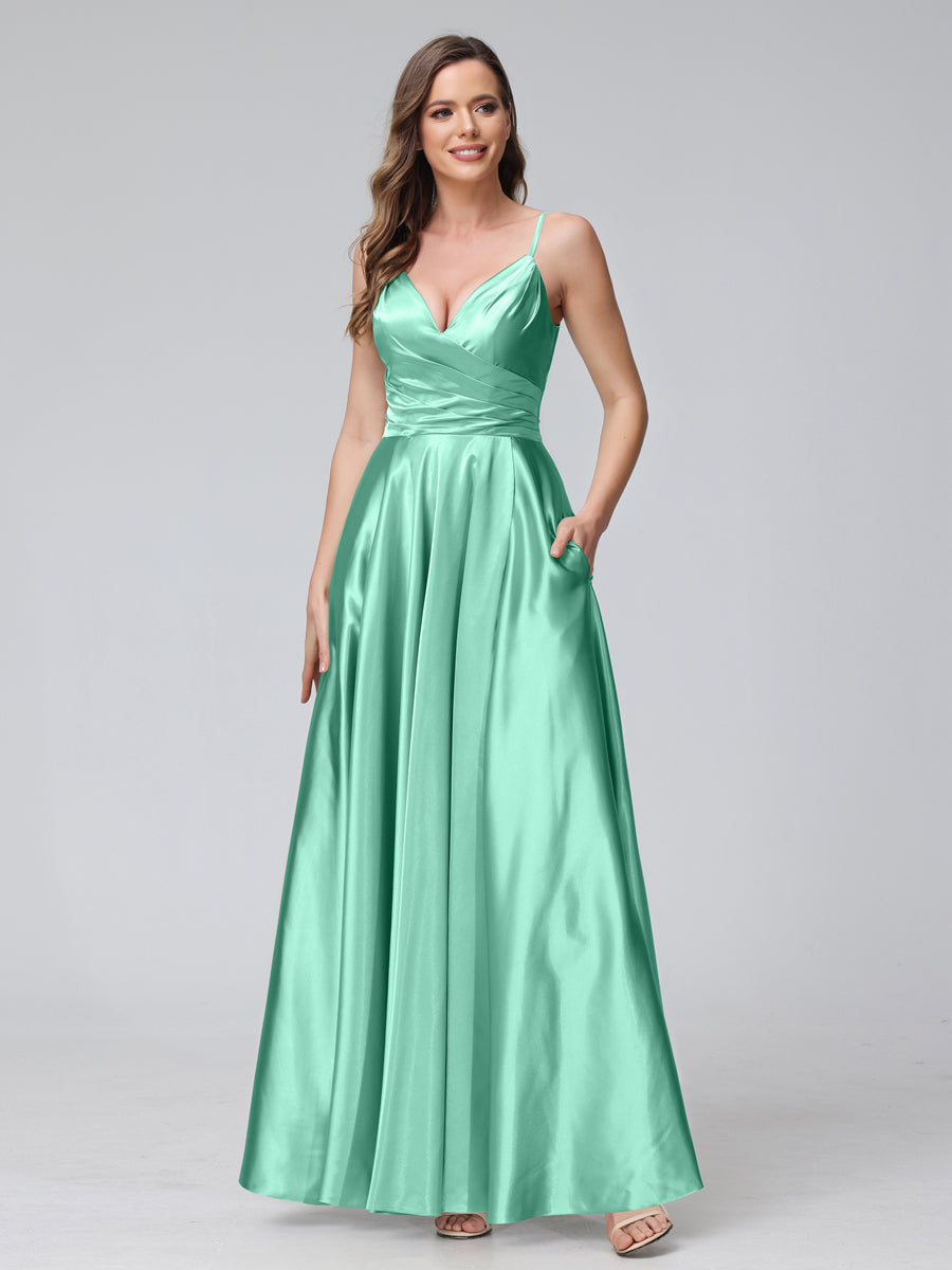 A-Line Sleeveless Long Silk Satin Bridesmaid Dresses with Pockets & Split Side Spa