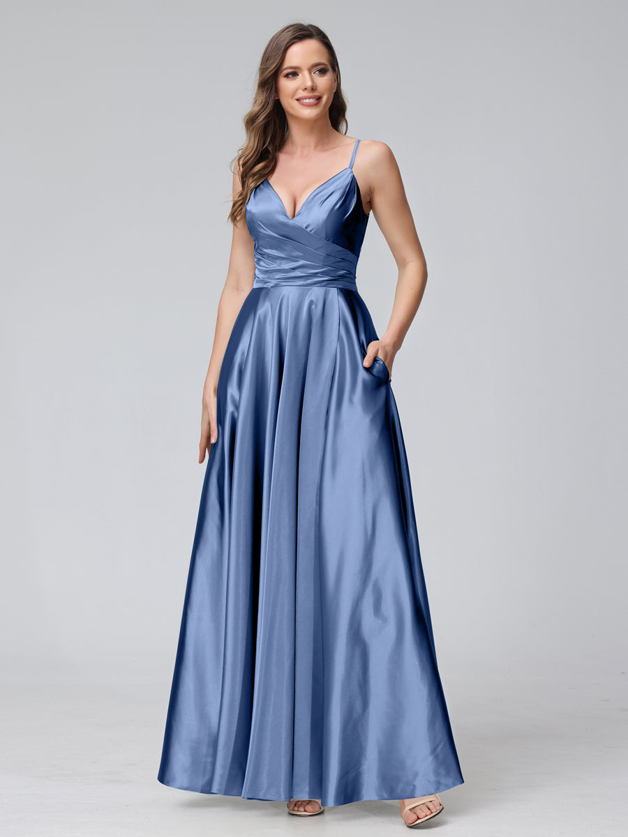 A-Line Sleeveless Long Silk Satin Bridesmaid Dresses with Pockets & Split Side Steel Blue