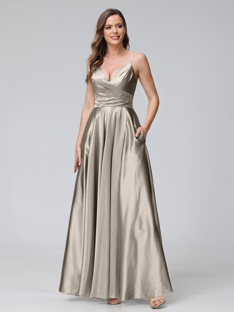 A-Line Sleeveless Long Silk Satin Bridesmaid Dresses with Pockets & Split Side Taupe