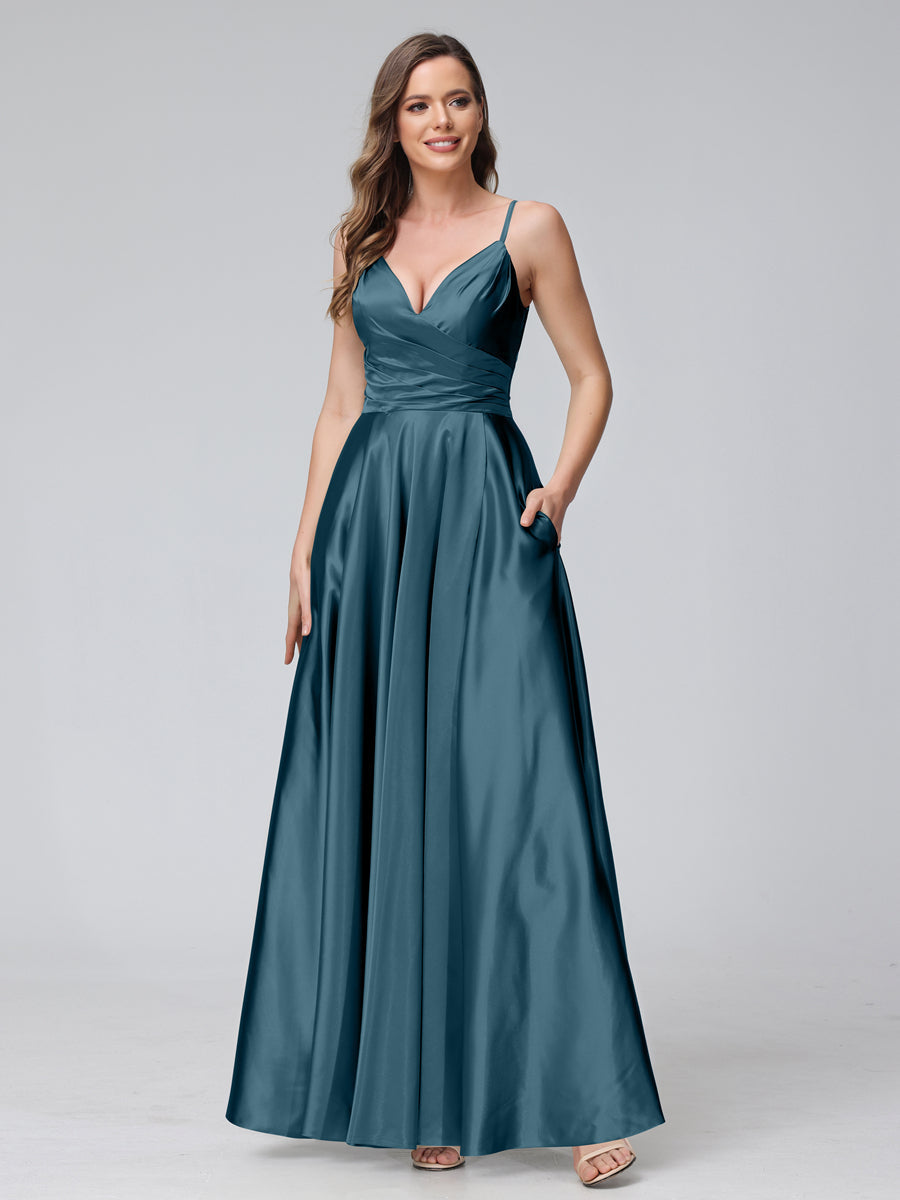 A-Line Sleeveless Long Silk Satin Bridesmaid Dresses with Pockets & Split Side Teal