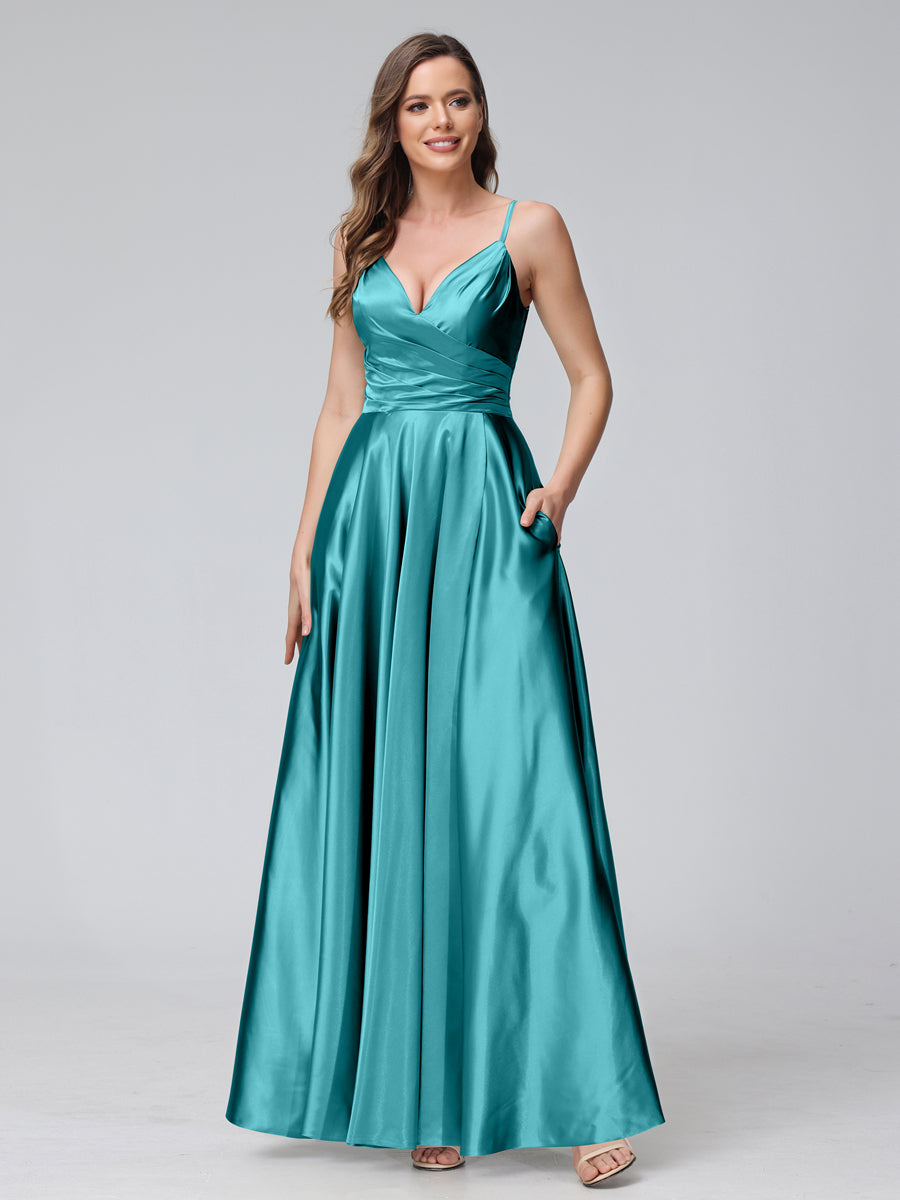 A-Line Sleeveless Long Silk Satin Bridesmaid Dresses with Pockets & Split Side Turquoise