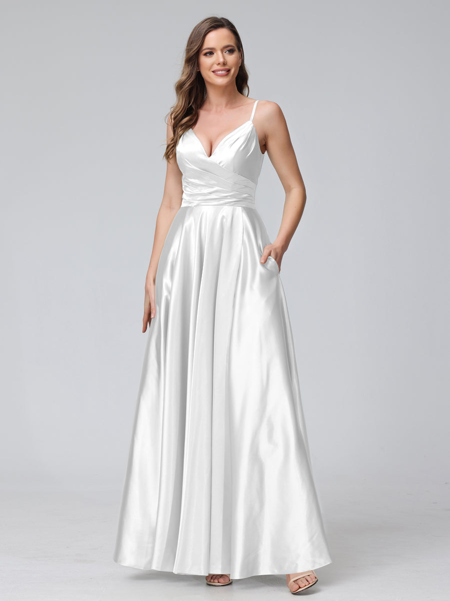 A-Line Sleeveless Long Silk Satin Bridesmaid Dresses with Pockets & Split Side White