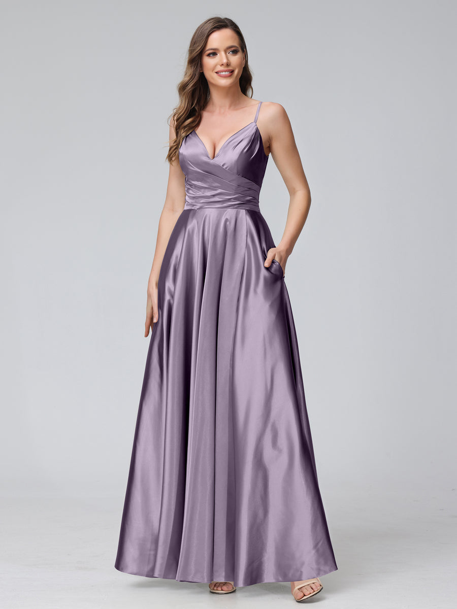 A-Line Sleeveless Long Silk Satin Bridesmaid Dresses with Pockets & Split Side Wisteria