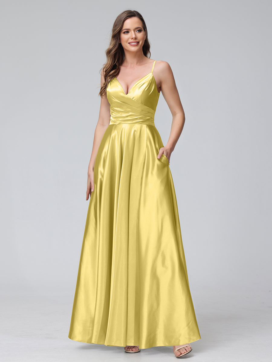 A-Line Sleeveless Long Silk Satin Bridesmaid Dresses with Pockets & Split Side Yellow