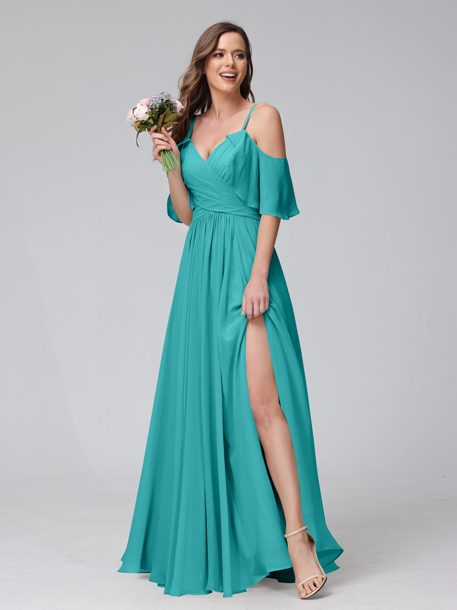 A-Line V-Neck Chiffon Long Bridesmaid Dresses With Split Side & Spaghetti Straps Aqua Blue