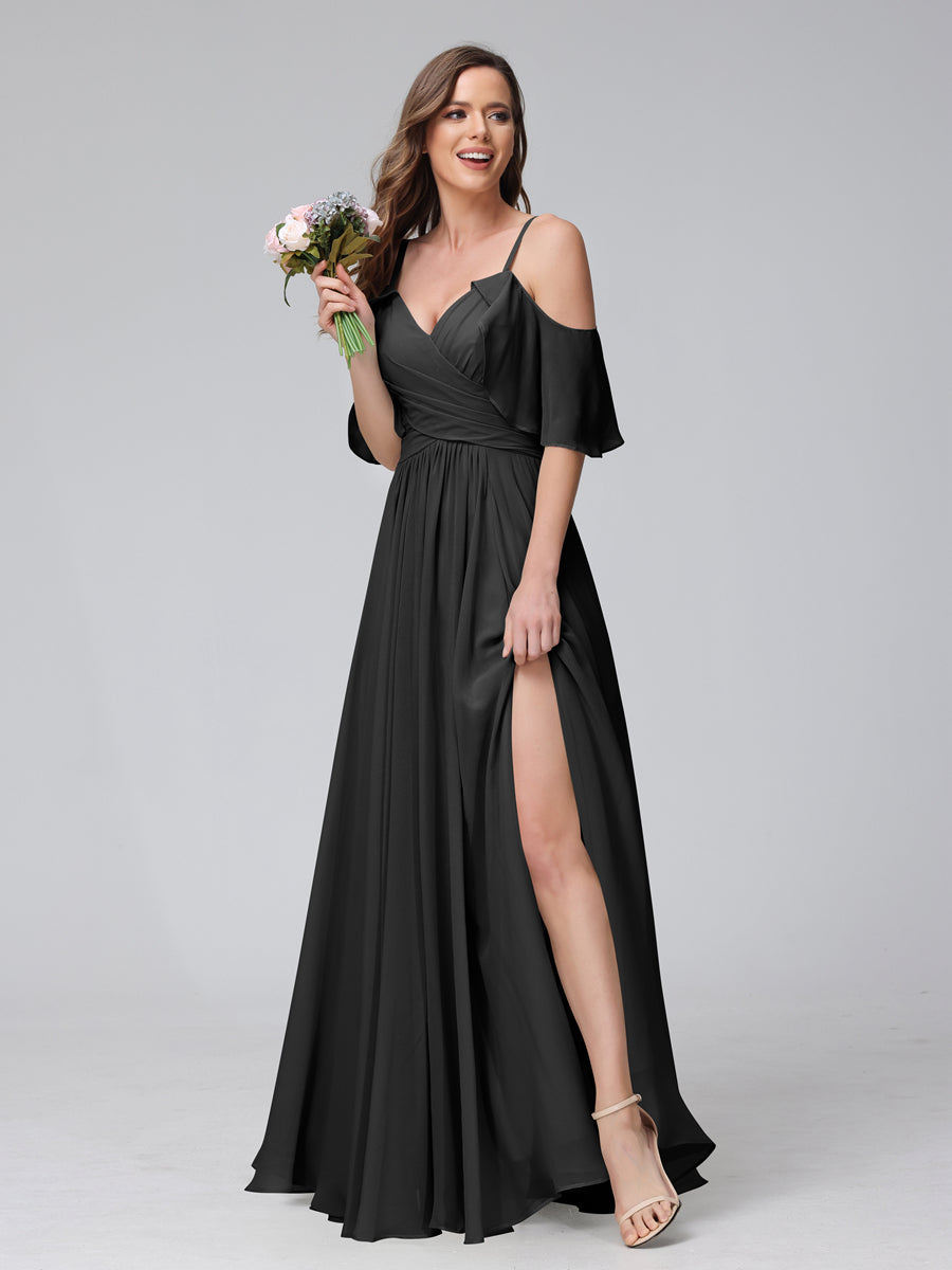 A-Line V-Neck Chiffon Long Bridesmaid Dresses With Split Side & Spaghetti Straps Black