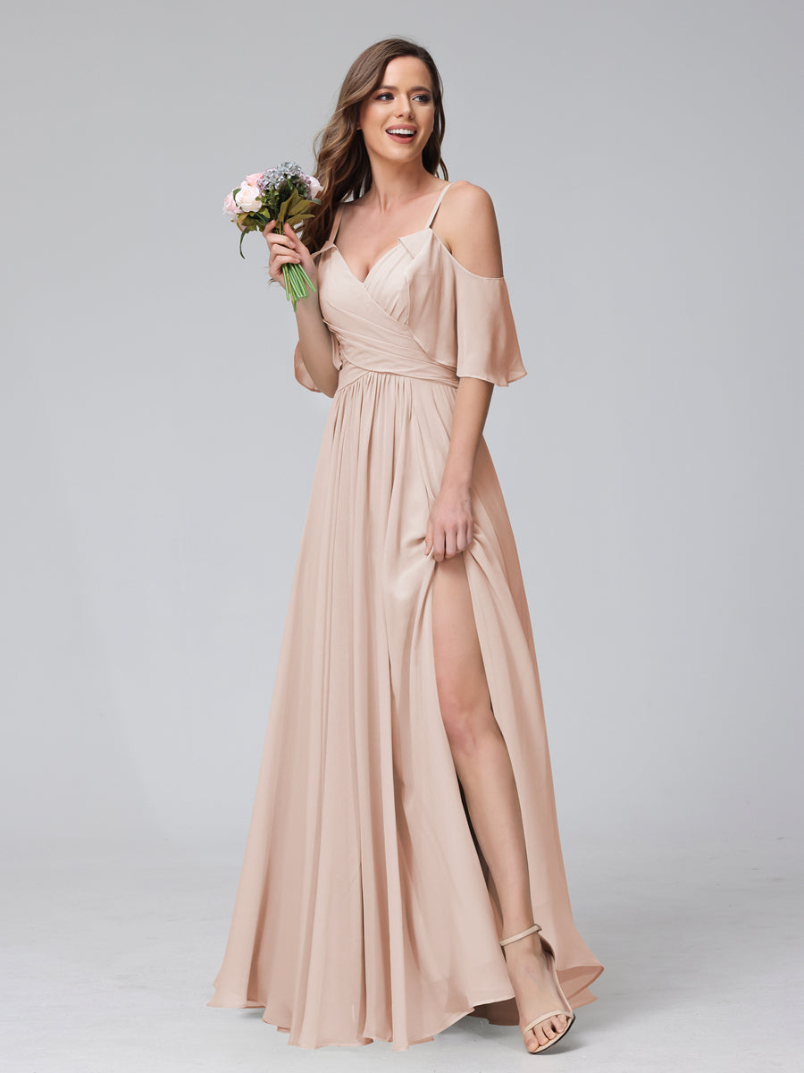 A-Line V-Neck Chiffon Long Bridesmaid Dresses With Split Side & Spaghetti Straps Blush Pink