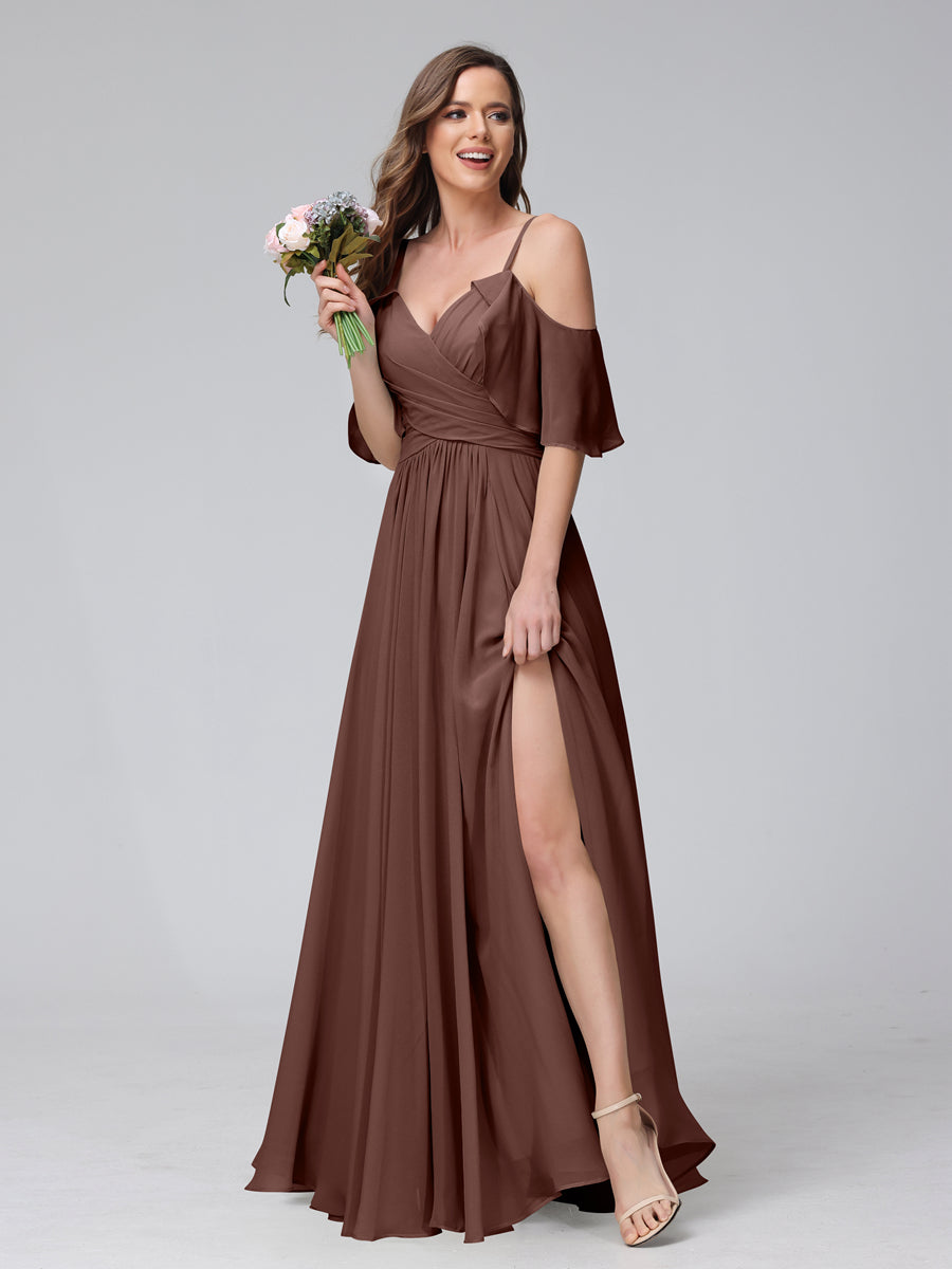 A-Line V-Neck Chiffon Long Bridesmaid Dresses With Split Side & Spaghetti Straps Brown