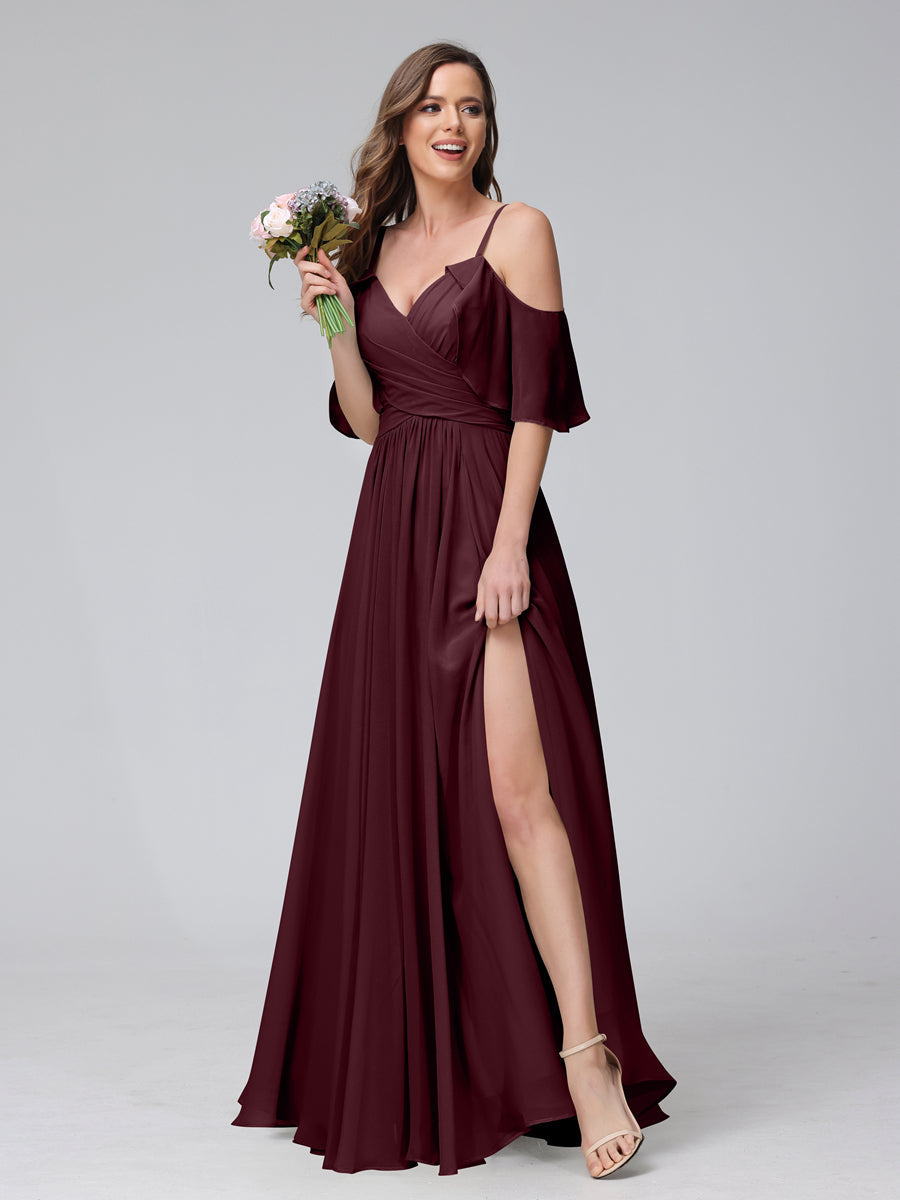 A-Line V-Neck Chiffon Long Bridesmaid Dresses With Split Side & Spaghetti Straps Burgundy