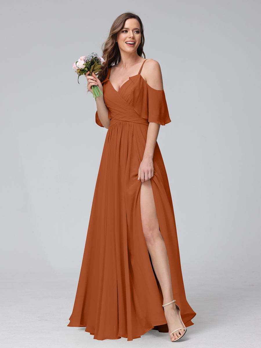 A-Line V-Neck Chiffon Long Bridesmaid Dresses With Split Side & Spaghetti Straps Burnt Orange