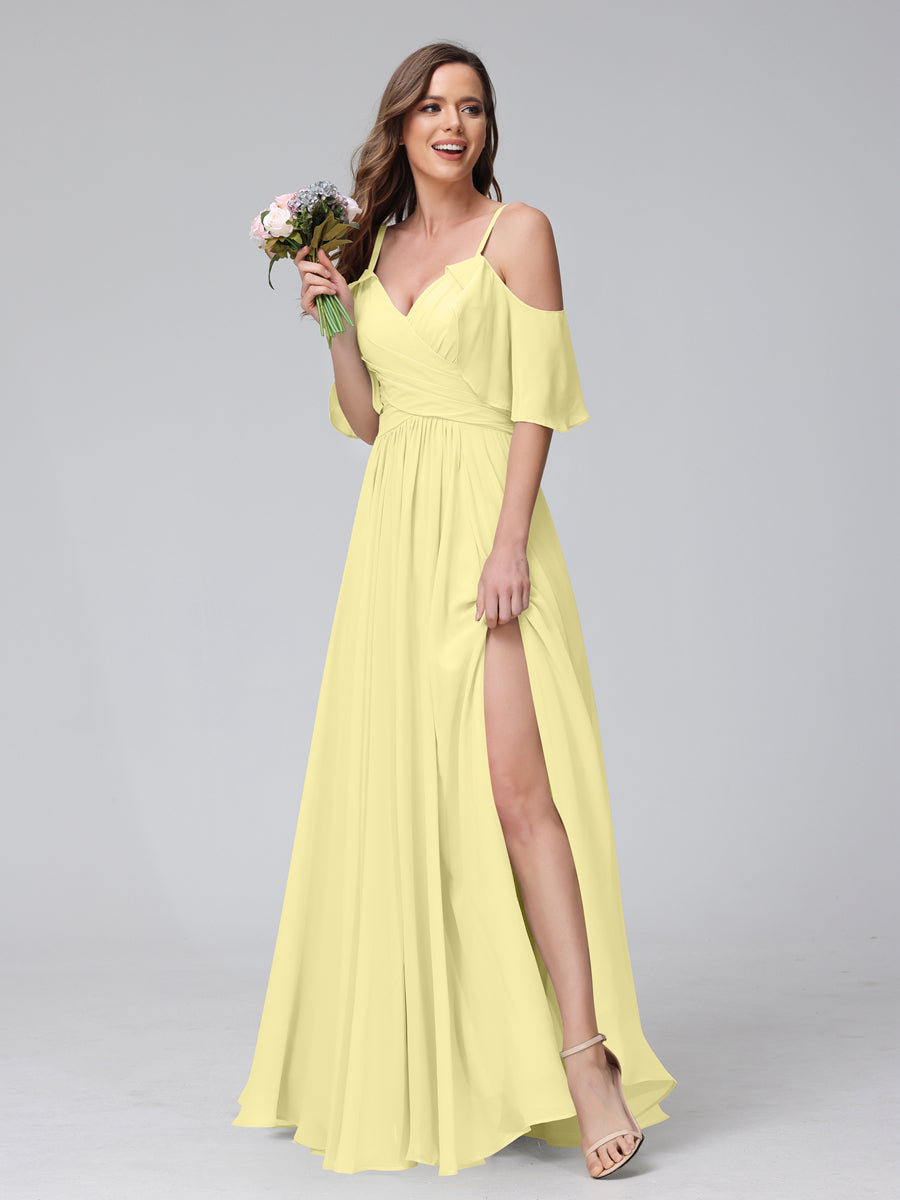 A-Line V-Neck Chiffon Long Bridesmaid Dresses With Split Side & Spaghetti Straps Canary