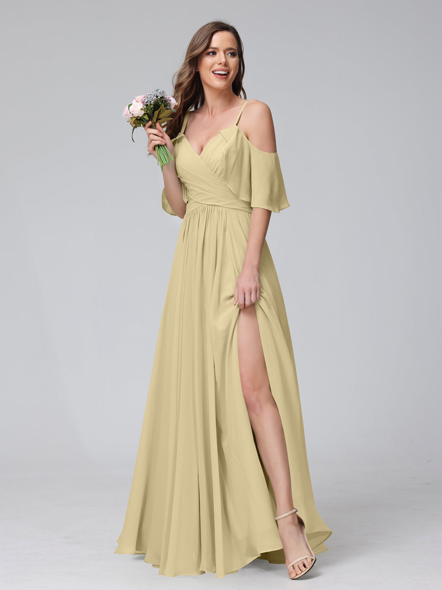 A-Line V-Neck Chiffon Long Bridesmaid Dresses With Split Side & Spaghetti Straps Champagne