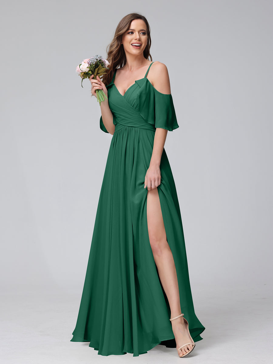 A-Line V-Neck Chiffon Long Bridesmaid Dresses With Split Side & Spaghetti Straps Dark Green