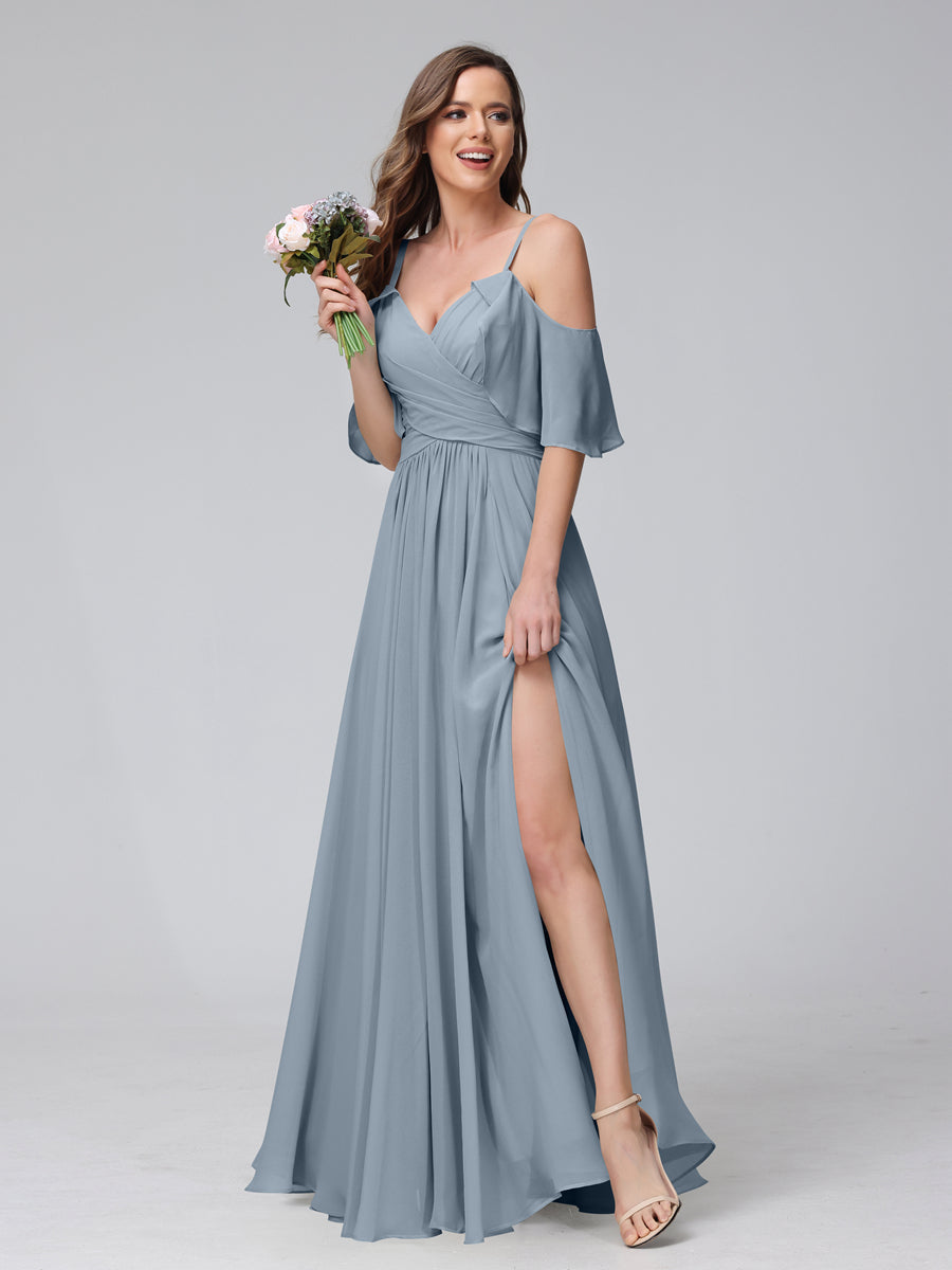 A-Line V-Neck Chiffon Long Bridesmaid Dresses With Split Side & Spaghetti Straps Dusty Blue