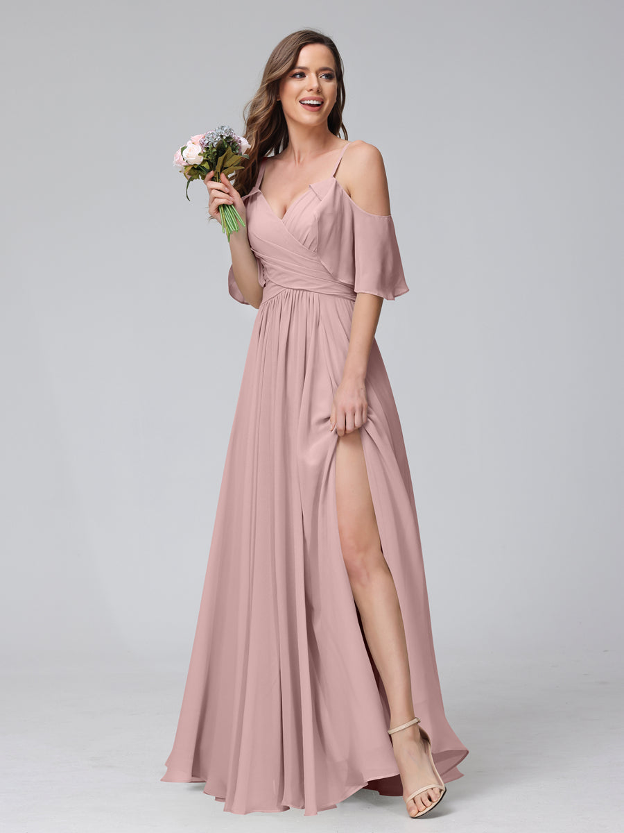 A-Line V-Neck Chiffon Long Bridesmaid Dresses With Split Side & Spaghetti Straps Dusty Pink