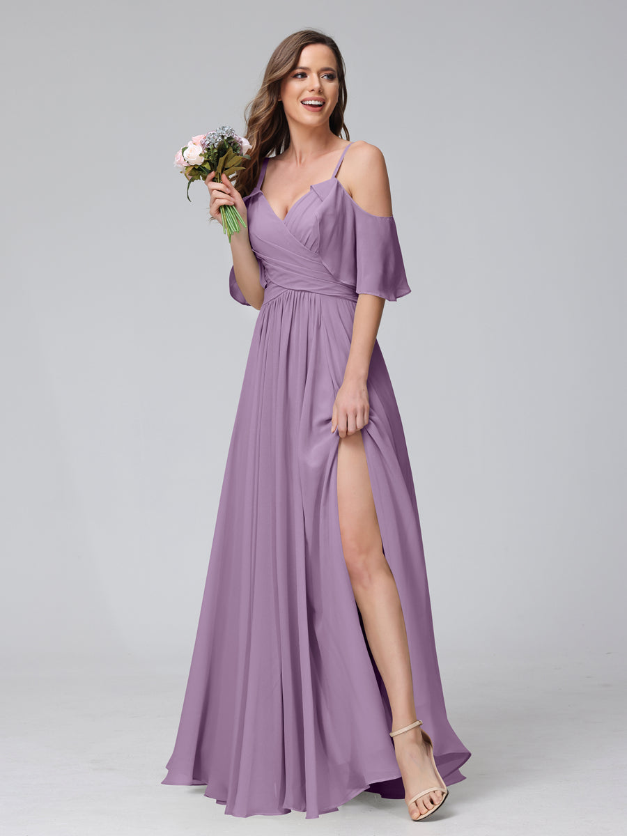 A-Line V-Neck Chiffon Long Bridesmaid Dresses With Split Side & Spaghetti Straps Dusty Purple