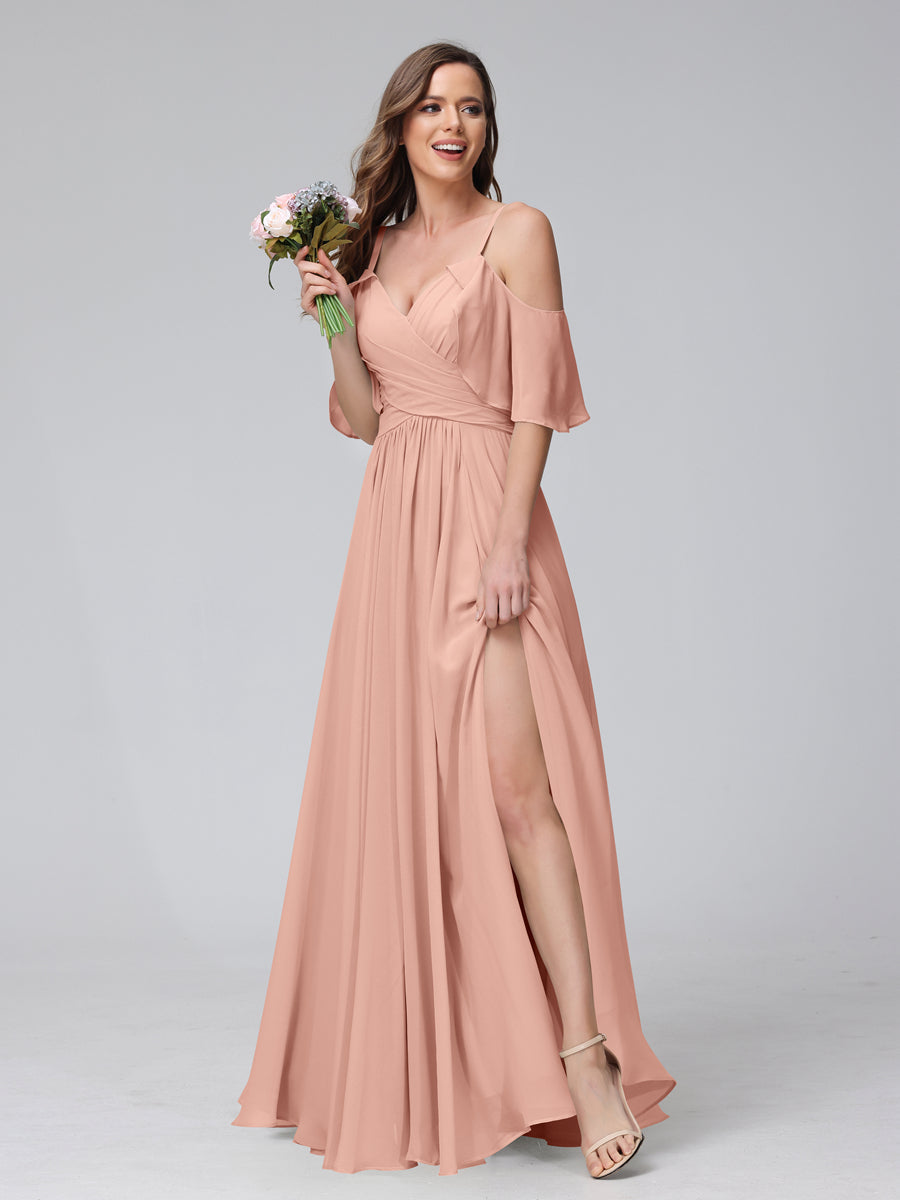A-Line V-Neck Chiffon Long Bridesmaid Dresses With Split Side & Spaghetti Straps Dusty Rose