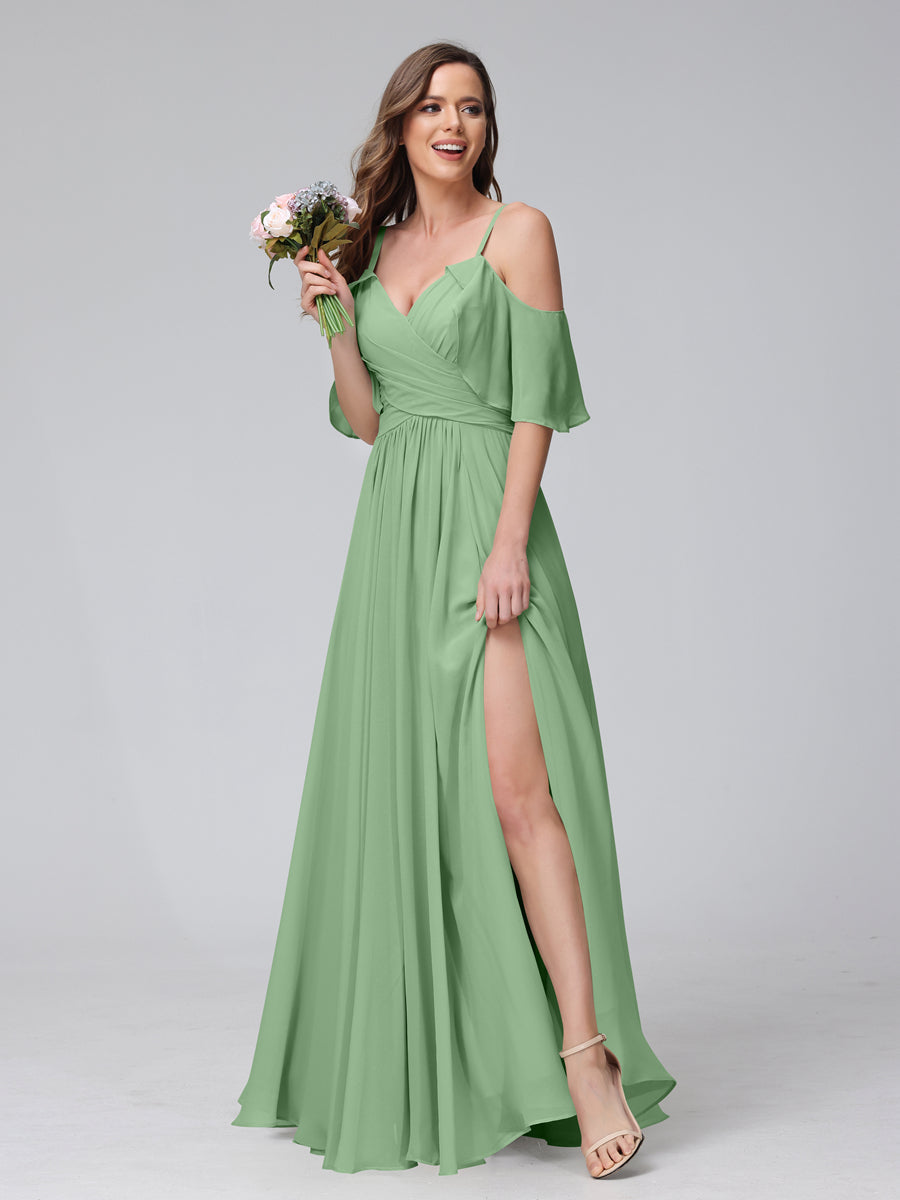 A-Line V-Neck Chiffon Long Bridesmaid Dresses With Split Side & Spaghetti Straps Dusty Sage