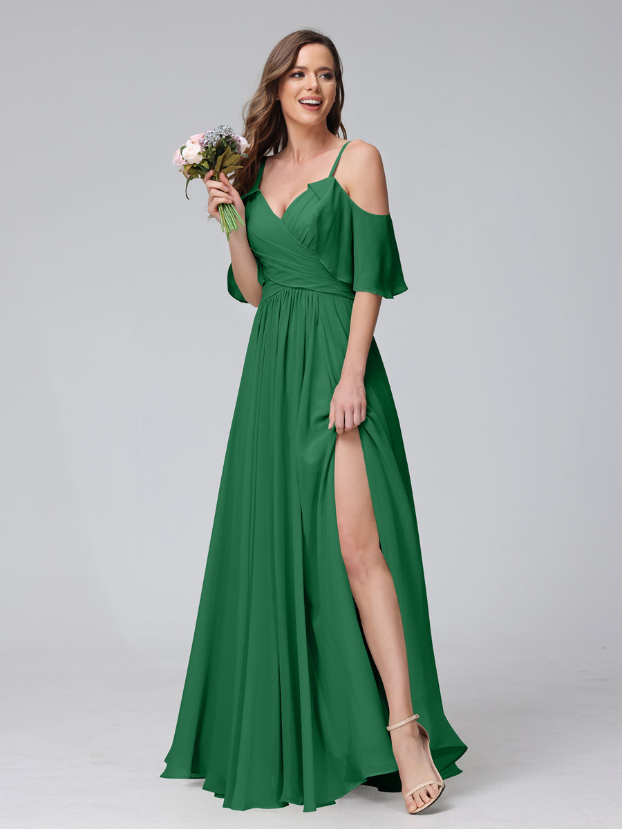 A-Line V-Neck Chiffon Long Bridesmaid Dresses With Split Side & Spaghetti Straps Emerald