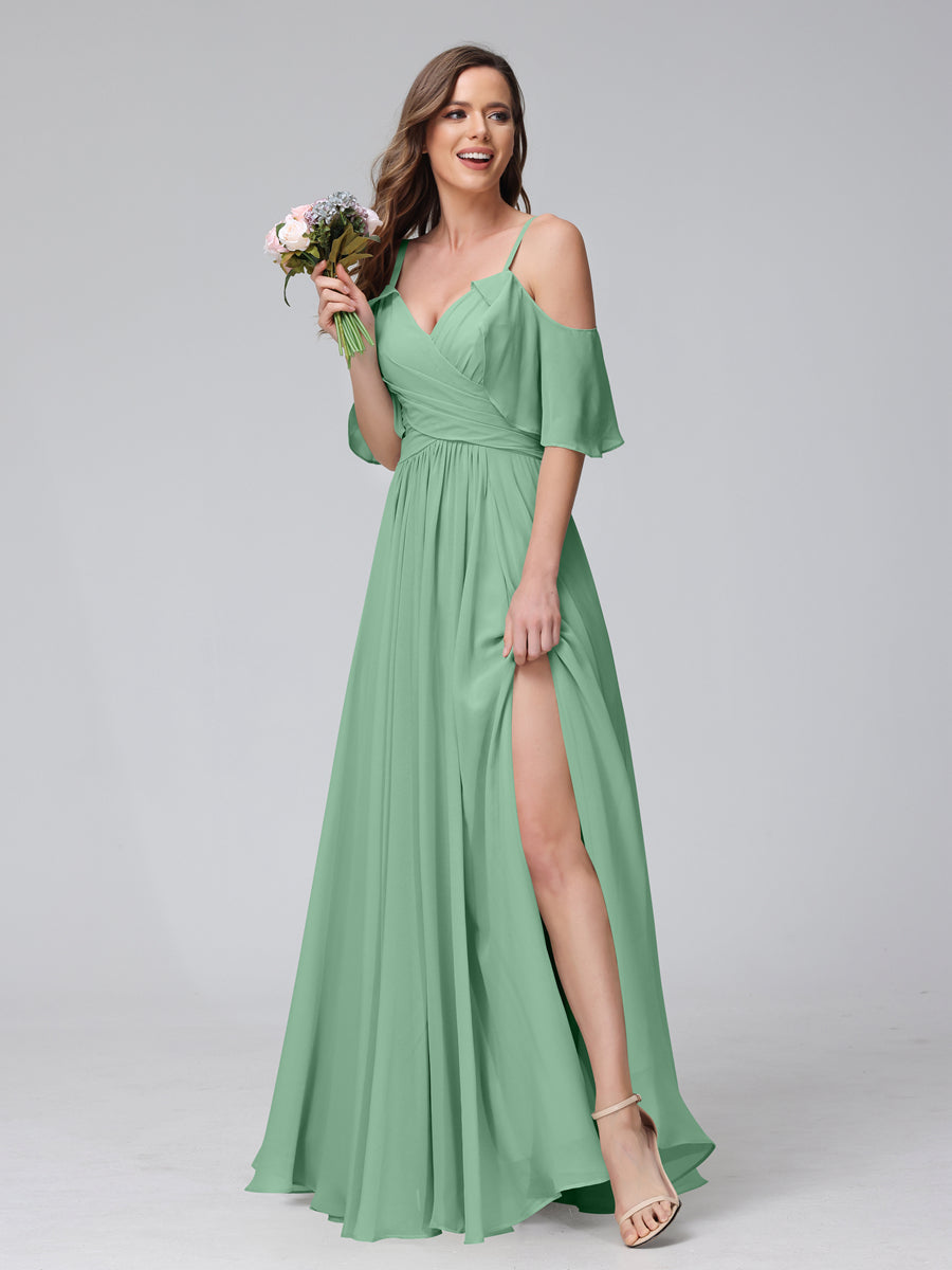 A-Line V-Neck Chiffon Long Bridesmaid Dresses With Split Side & Spaghetti Straps Eucalyptus