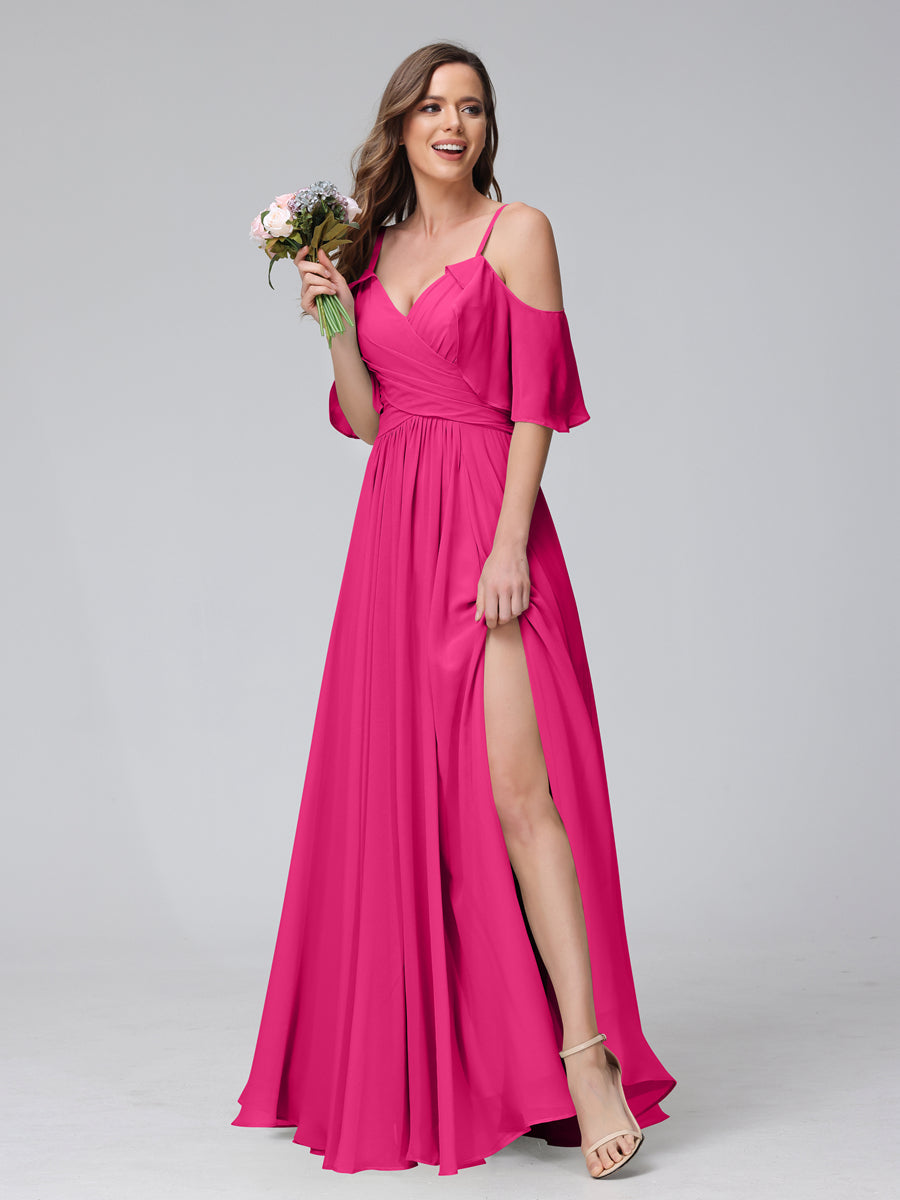 A-Line V-Neck Chiffon Long Bridesmaid Dresses With Split Side & Spaghetti Straps Fuchsia Pink