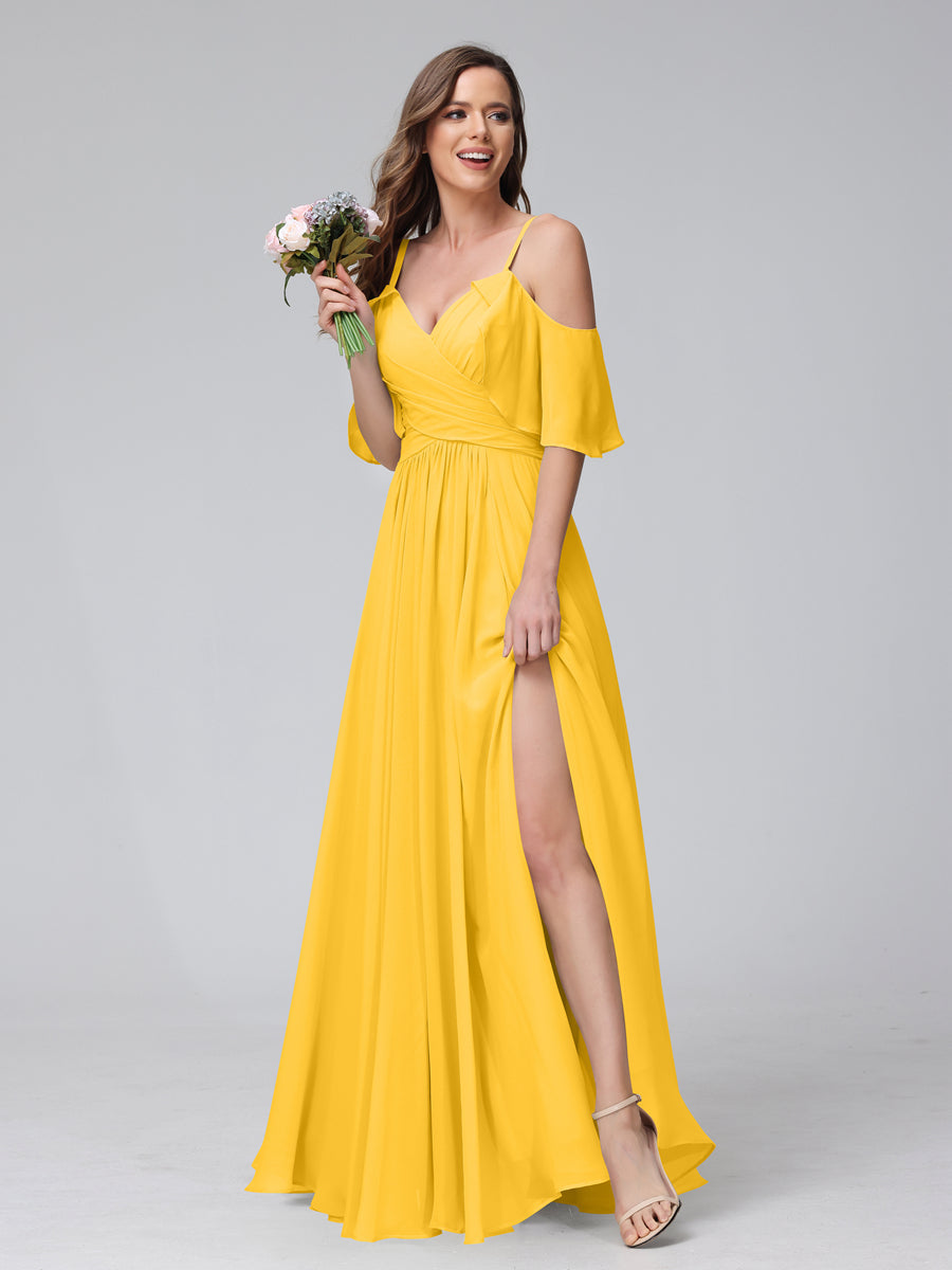 A-Line V-Neck Chiffon Long Bridesmaid Dresses With Split Side & Spaghetti Straps Gold
