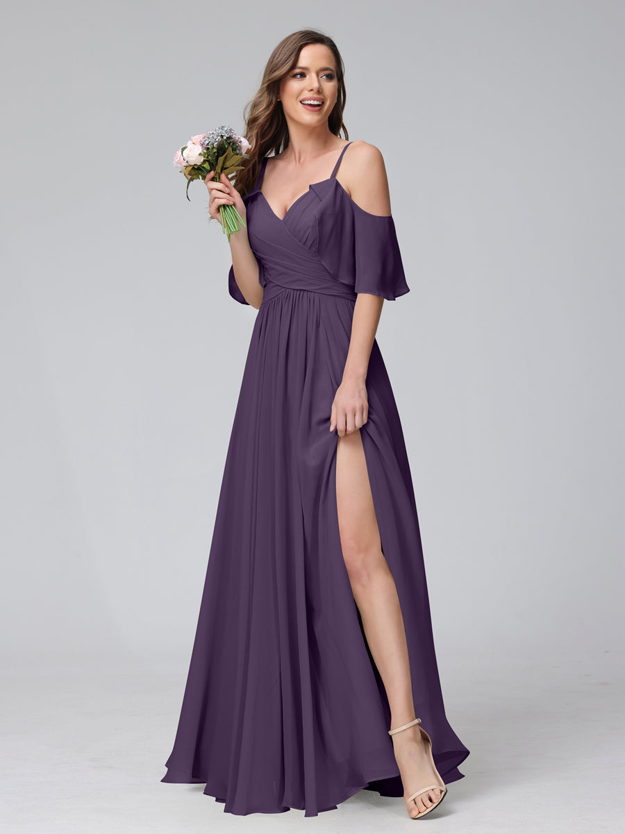 A-Line V-Neck Chiffon Long Bridesmaid Dresses With Split Side & Spaghetti Straps Grape