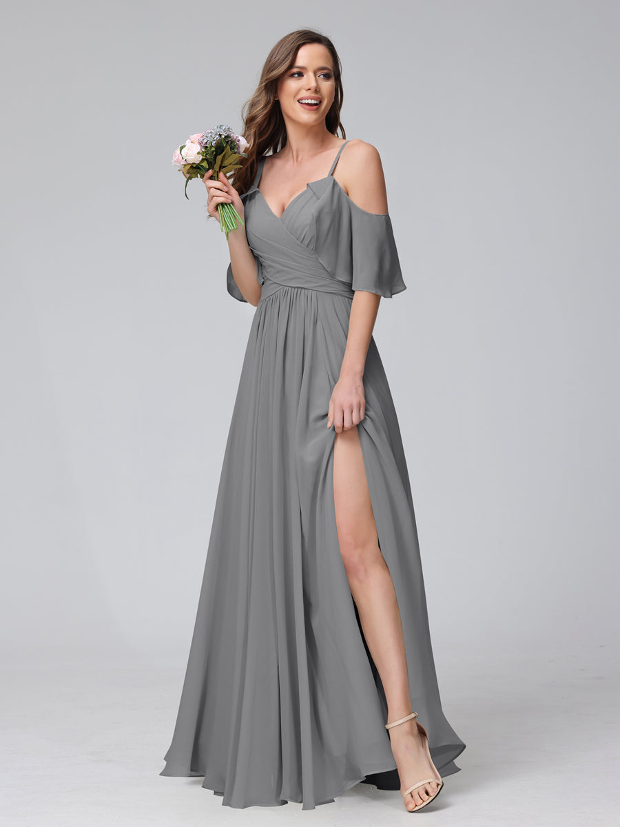 A-Line V-Neck Chiffon Long Bridesmaid Dresses With Split Side & Spaghetti Straps Gray