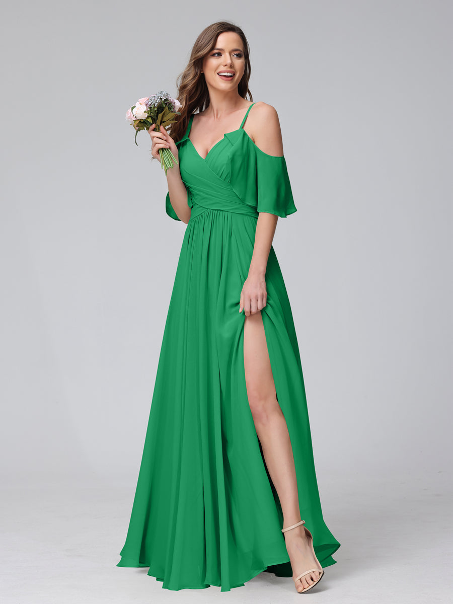 A-Line V-Neck Chiffon Long Bridesmaid Dresses With Split Side & Spaghetti Straps Green