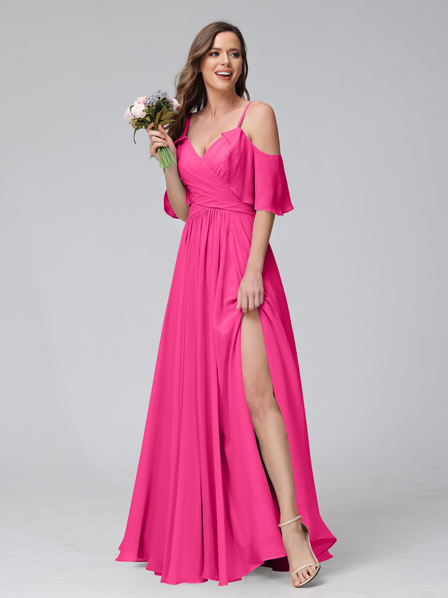 A-Line V-Neck Chiffon Long Bridesmaid Dresses With Split Side & Spaghetti Straps Hot Pink