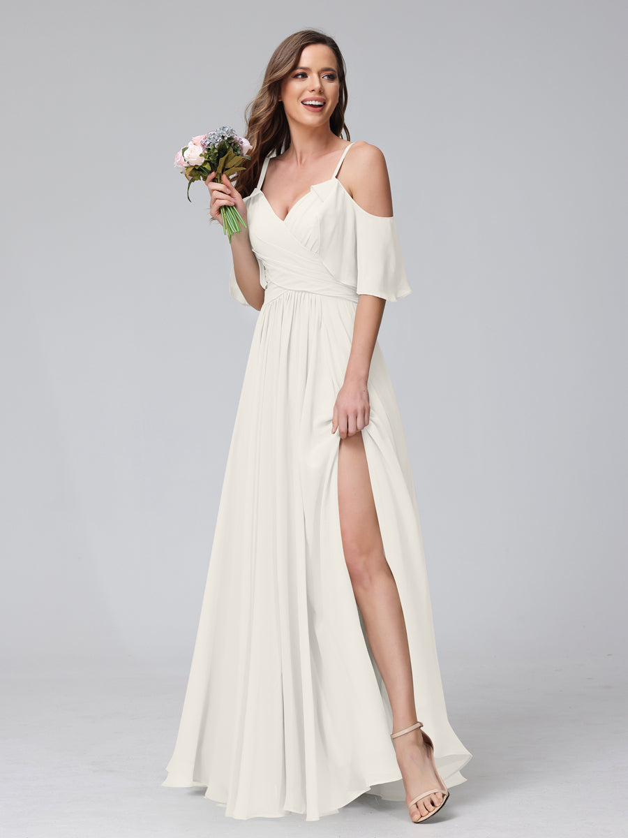 A-Line V-Neck Chiffon Long Bridesmaid Dresses With Split Side & Spaghetti Straps Ivory