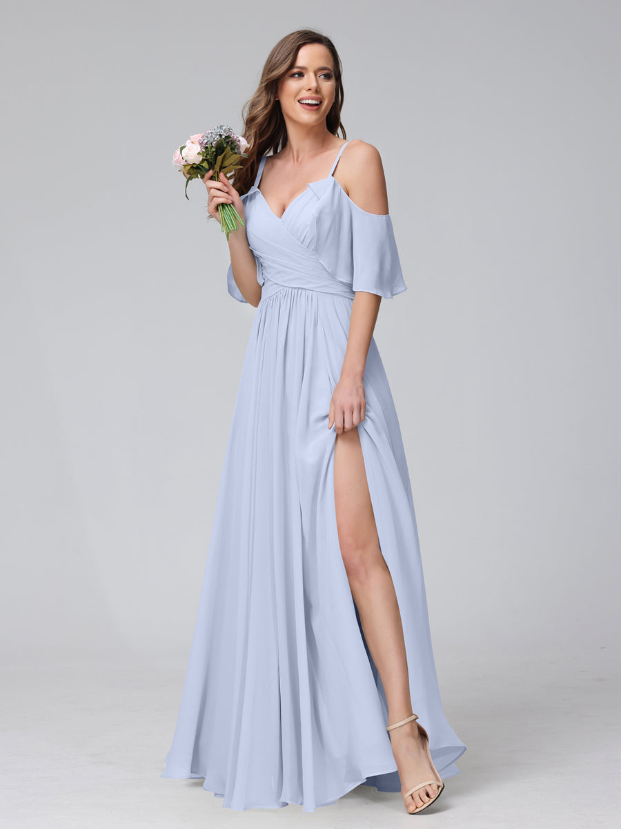A-Line V-Neck Chiffon Long Bridesmaid Dresses With Split Side & Spaghetti Straps Lavender