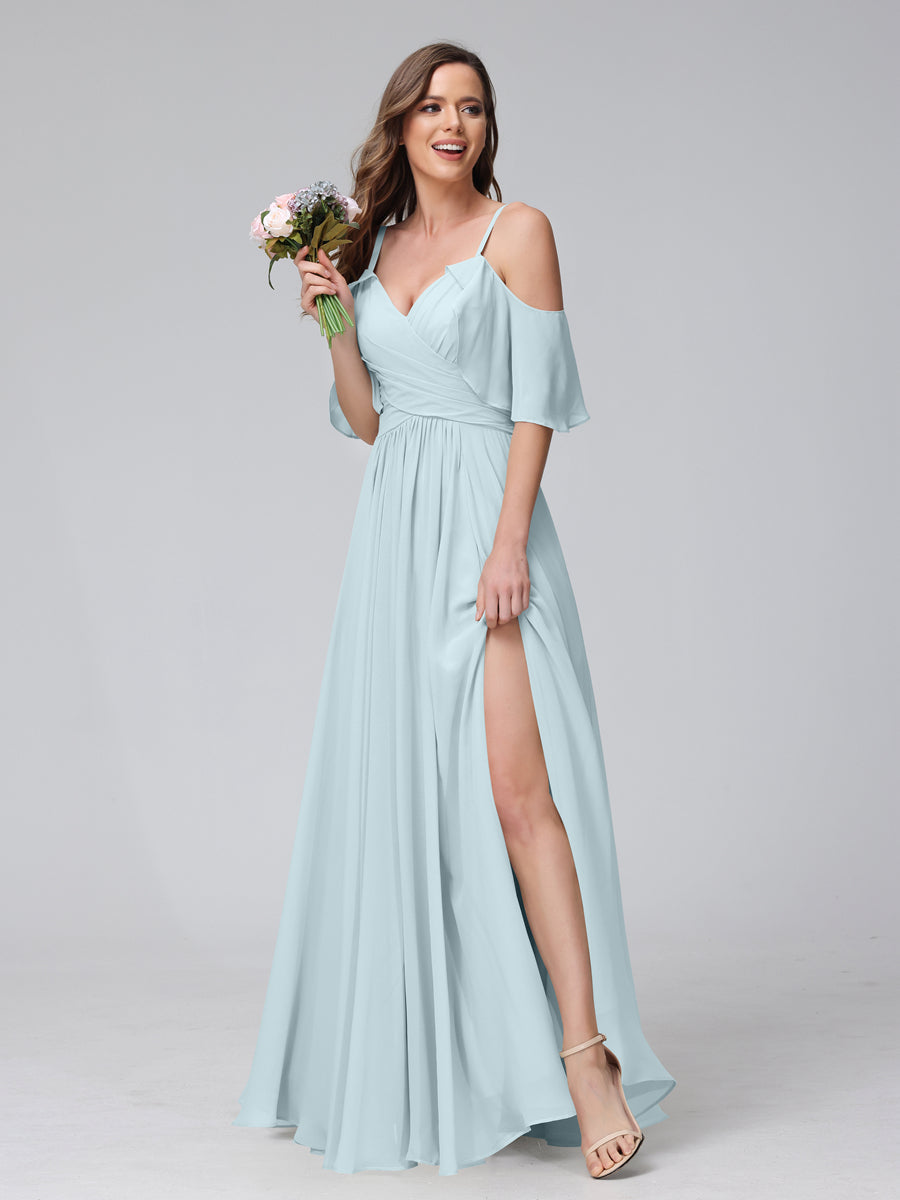 A-Line V-Neck Chiffon Long Bridesmaid Dresses With Split Side & Spaghetti Straps Light Blue