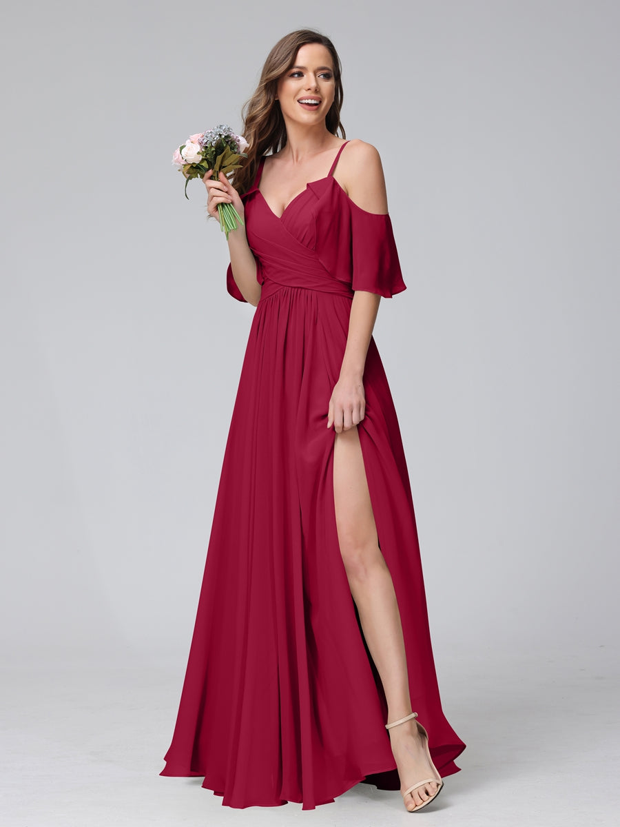 A-Line V-Neck Chiffon Long Bridesmaid Dresses With Split Side & Spaghetti Straps Light Burgundy