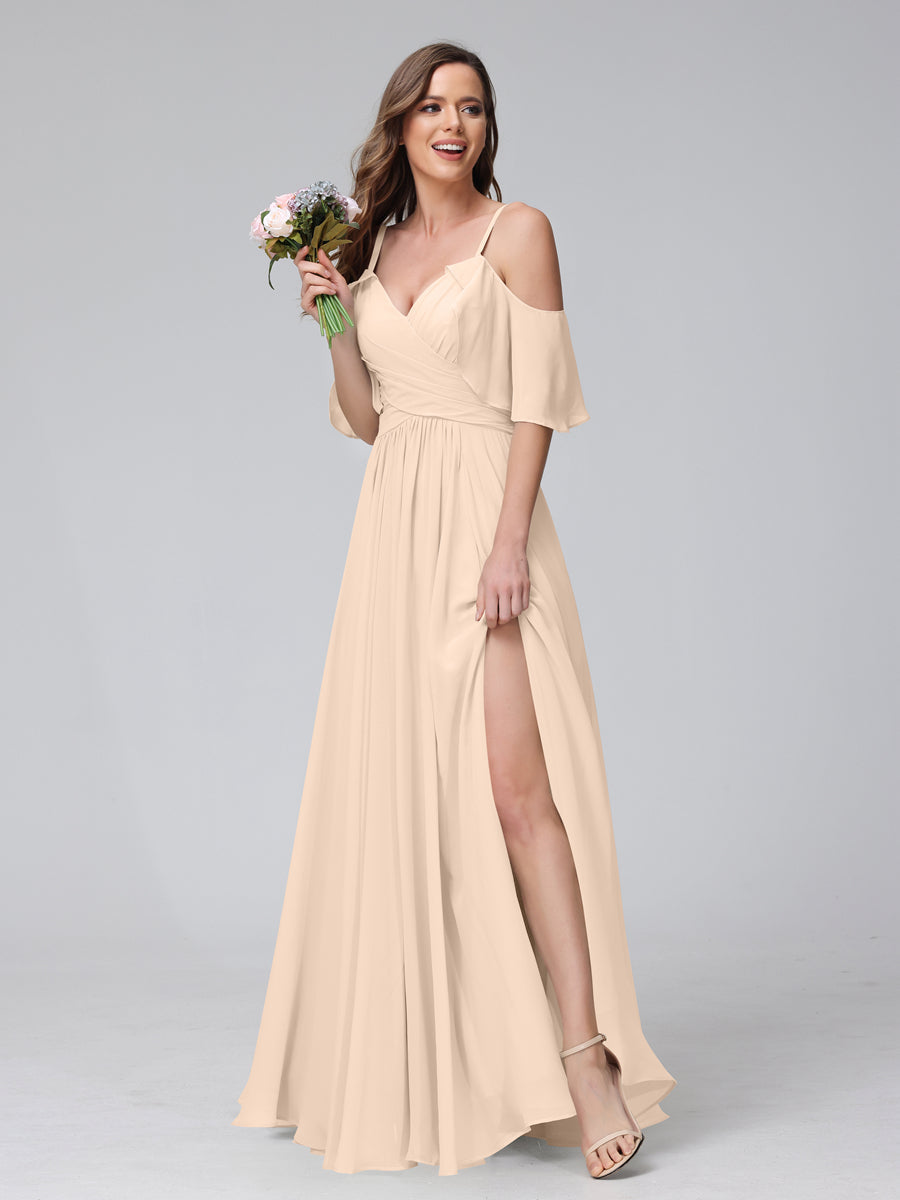 A-Line V-Neck Chiffon Long Bridesmaid Dresses With Split Side & Spaghetti Straps Light Champagne