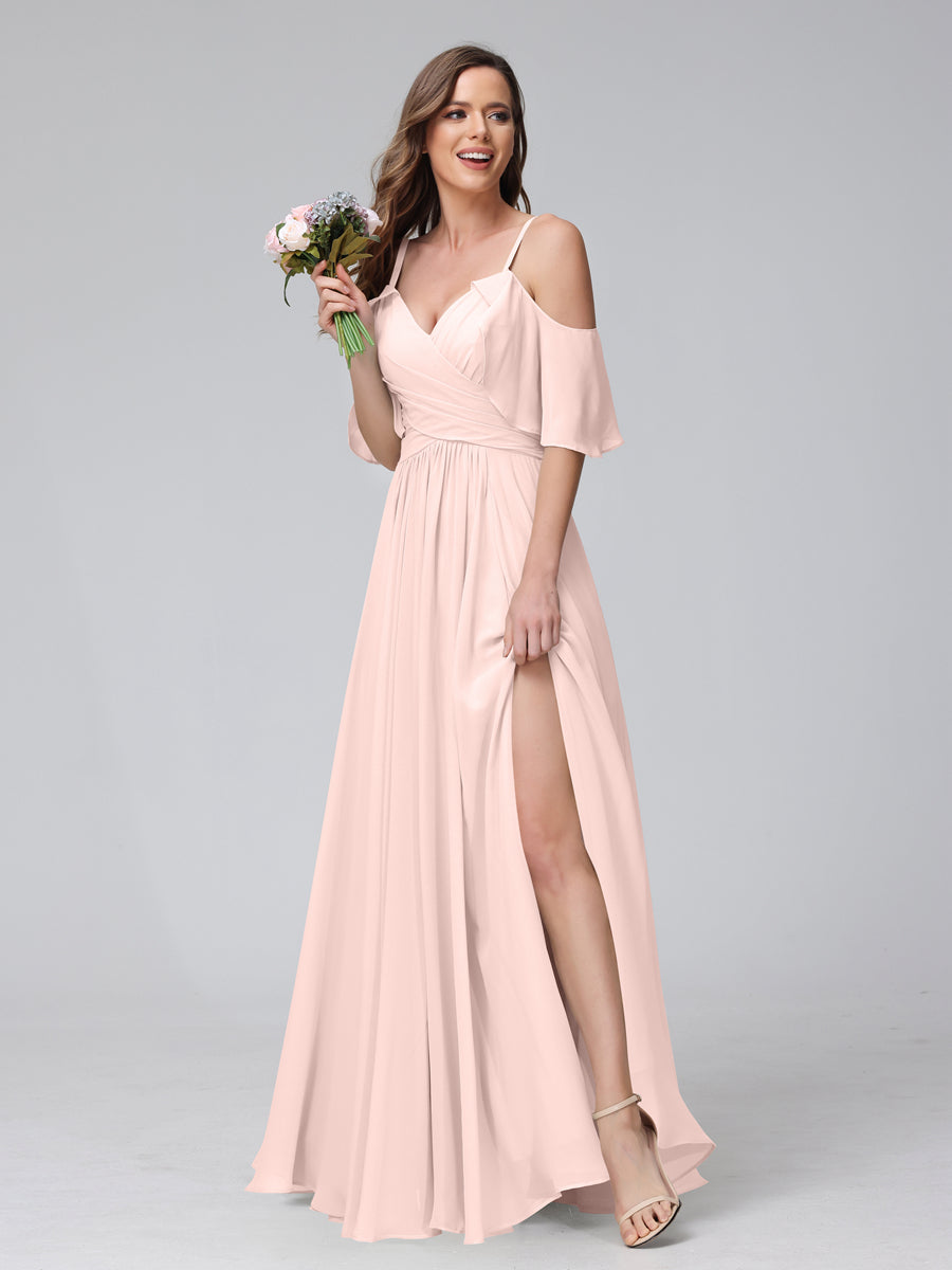 A-Line V-Neck Chiffon Long Bridesmaid Dresses With Split Side & Spaghetti Straps Light Pink
