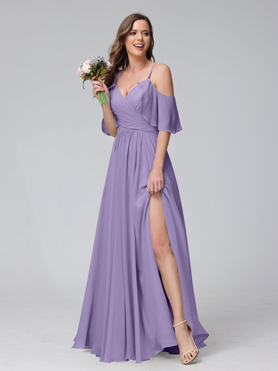 A-Line V-Neck Chiffon Long Bridesmaid Dresses With Split Side & Spaghetti Straps Light Purple