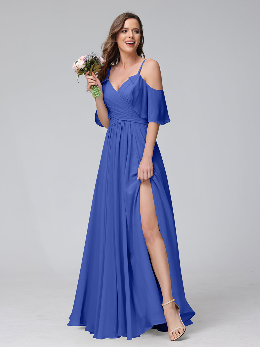 A-Line V-Neck Chiffon Long Bridesmaid Dresses With Split Side & Spaghetti Straps Light Royal Blue