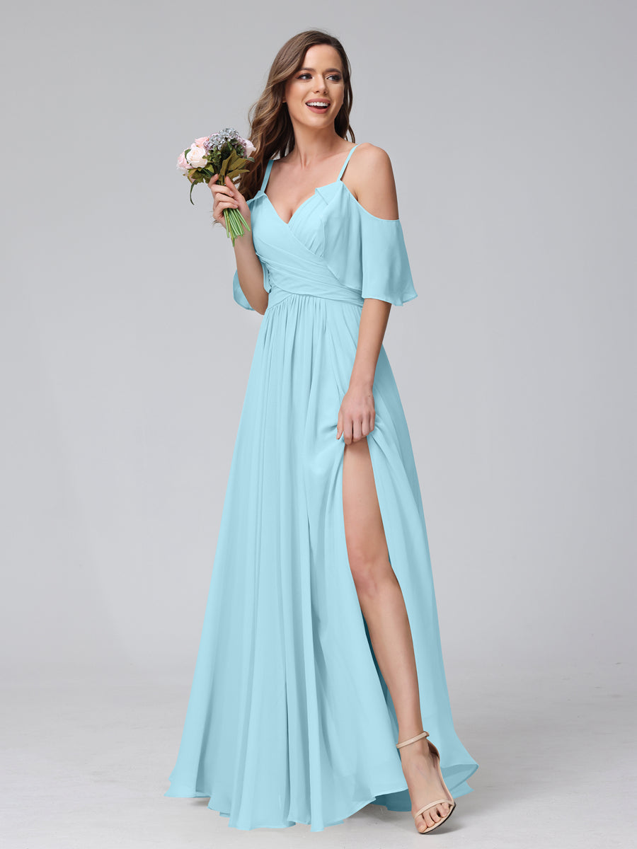 A-Line V-Neck Chiffon Long Bridesmaid Dresses With Split Side & Spaghetti Straps Light Sky Blue