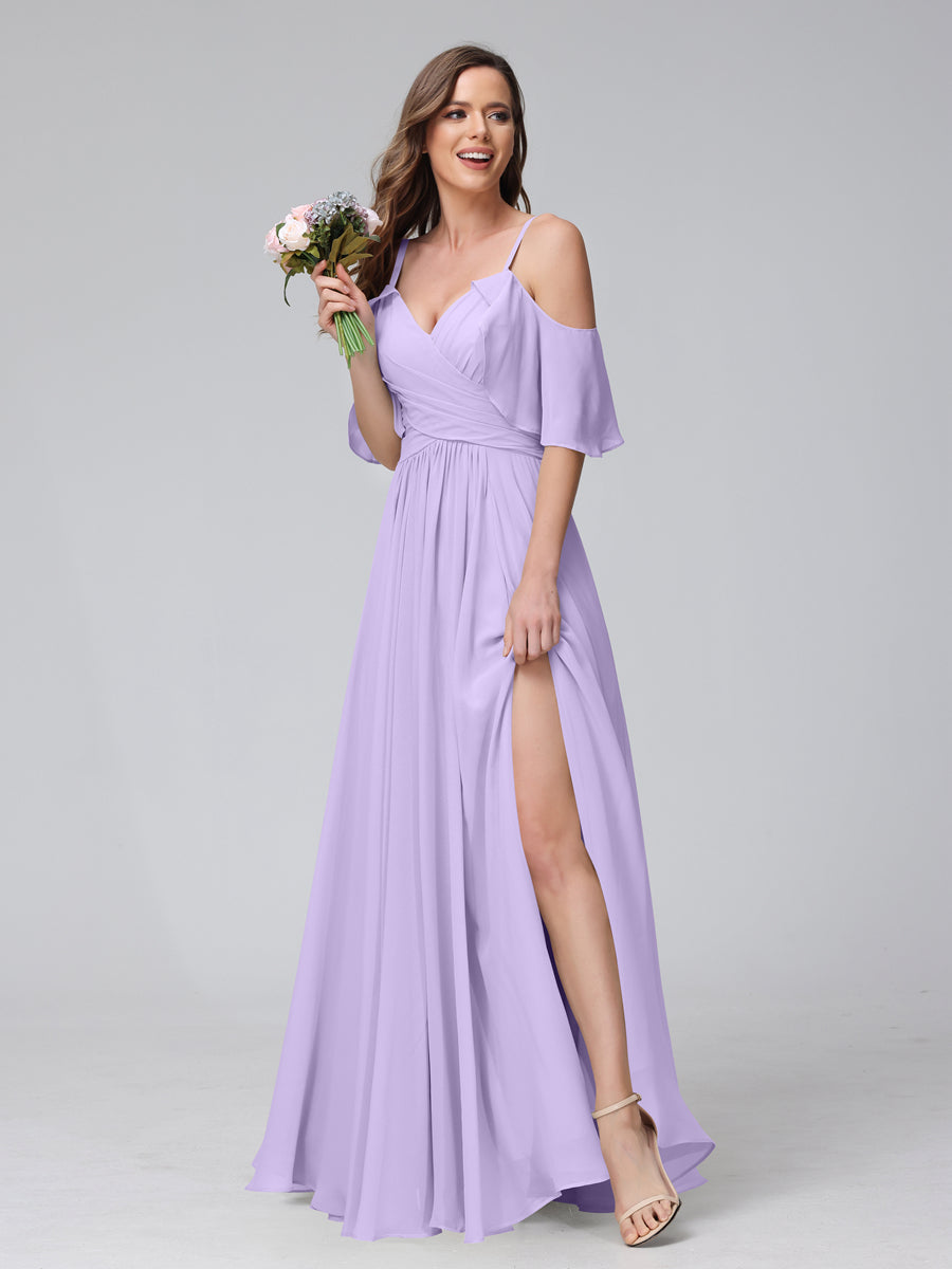A-Line V-Neck Chiffon Long Bridesmaid Dresses With Split Side & Spaghetti Straps Lilac