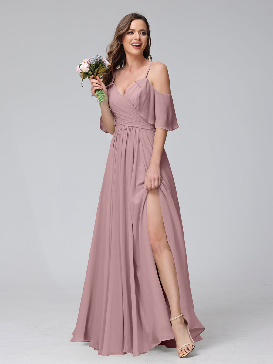 A-Line V-Neck Chiffon Long Bridesmaid Dresses With Split Side & Spaghetti Straps Mauve
