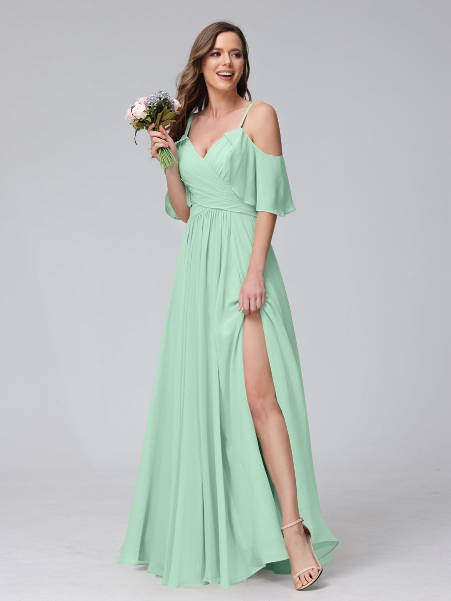 A-Line V-Neck Chiffon Long Bridesmaid Dresses With Split Side & Spaghetti Straps Mint Green