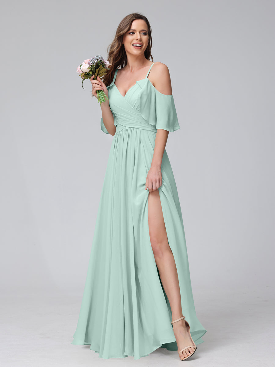 A-Line V-Neck Chiffon Long Bridesmaid Dresses With Split Side & Spaghetti Straps Mist Blue