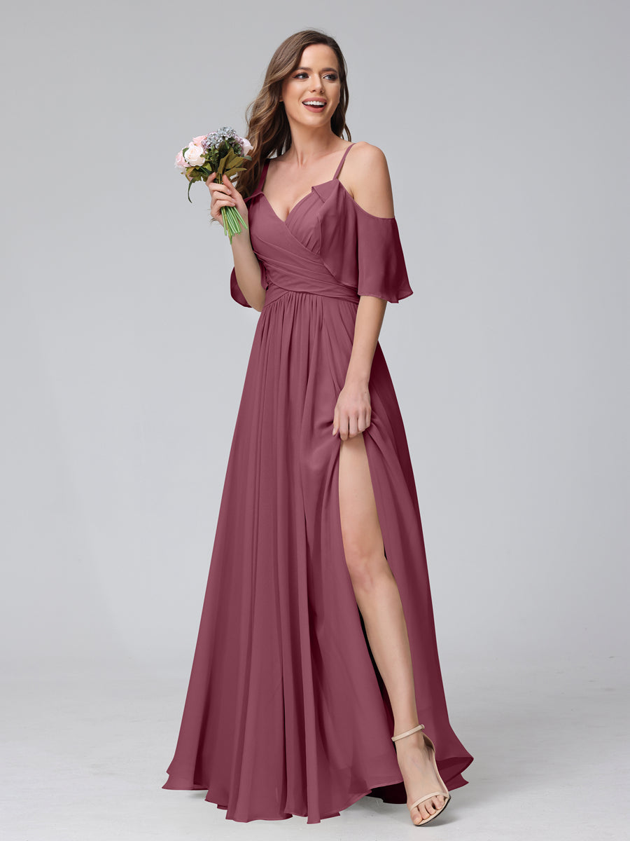A-Line V-Neck Chiffon Long Bridesmaid Dresses With Split Side & Spaghetti Straps Mulberry