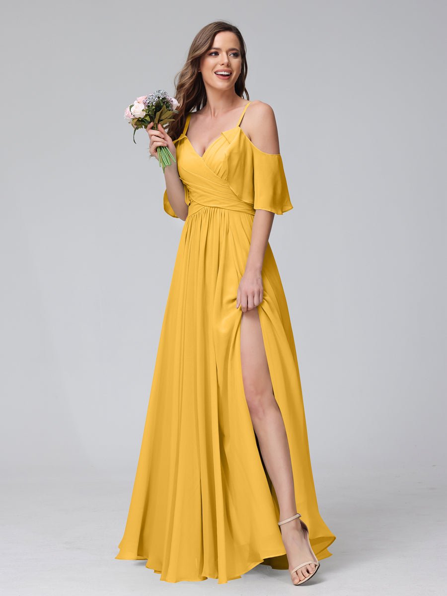 A-Line V-Neck Chiffon Long Bridesmaid Dresses With Split Side & Spaghetti Straps Mustard Yellow