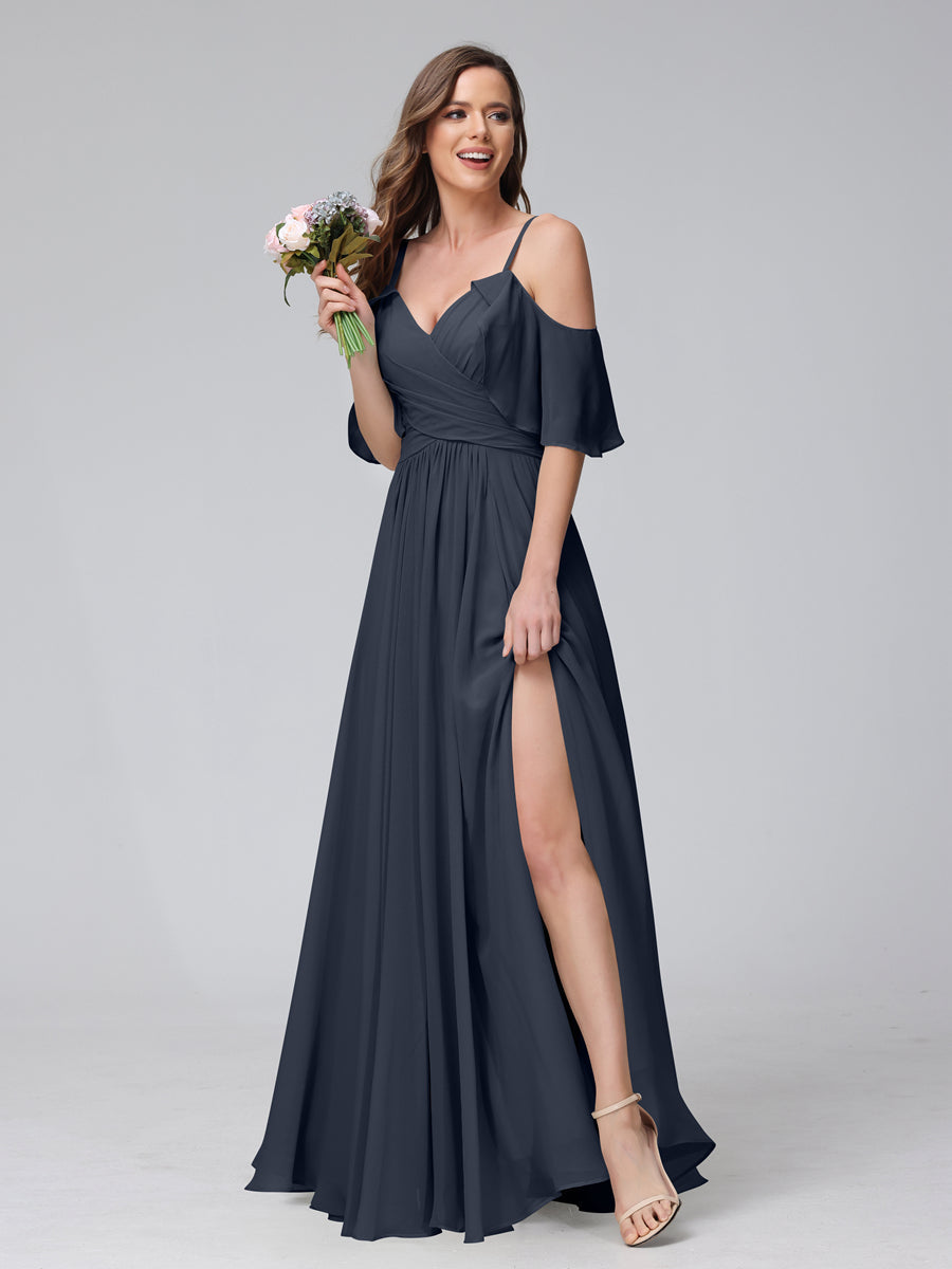 A-Line V-Neck Chiffon Long Bridesmaid Dresses With Split Side & Spaghetti Straps Navy Blue