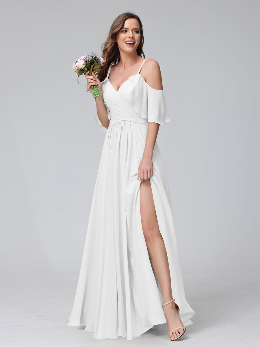 A-Line V-Neck Chiffon Long Bridesmaid Dresses With Split Side & Spaghetti Straps Off White
